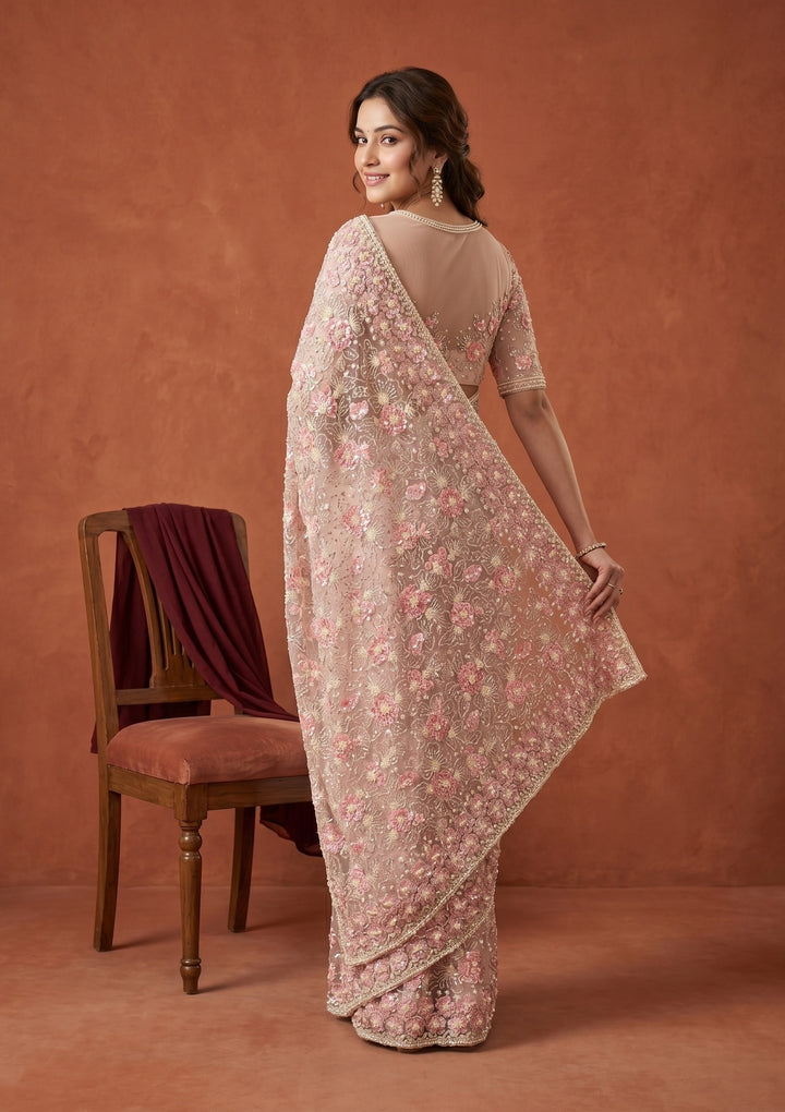 Baby Pink Net Threadwork Saree With Matching Blouse Piece