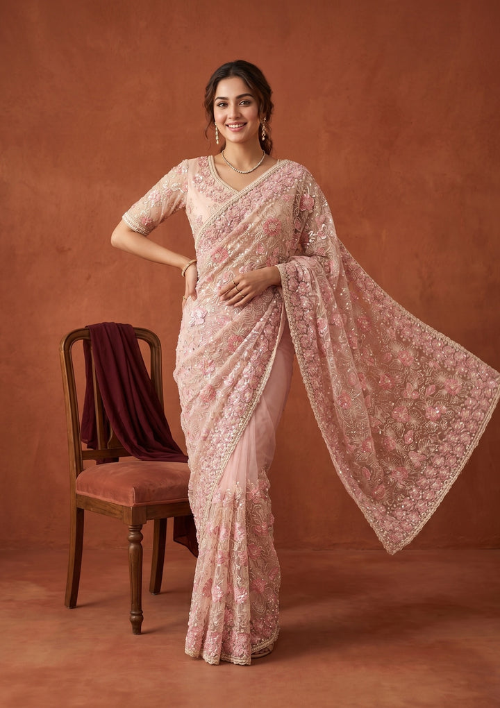 Baby Pink Net Threadwork Saree With Matching Blouse Piece