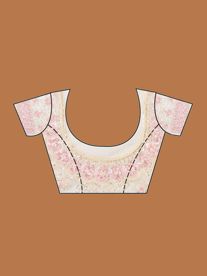Baby Pink Net Threadwork Saree With Matching Blouse Piece