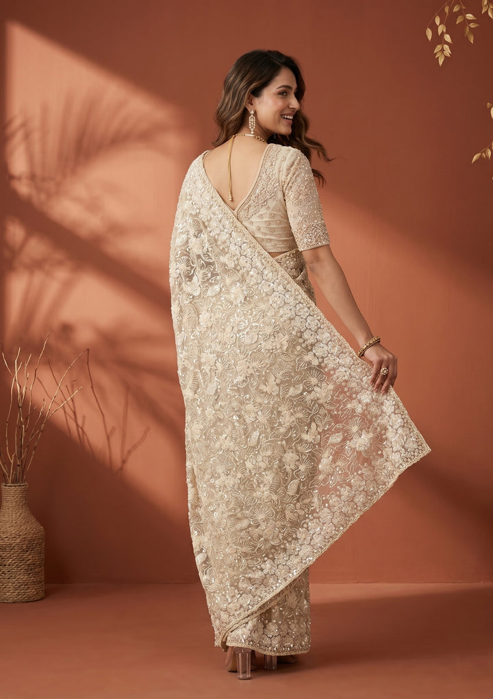 Cream Net Threadwork Saree With Matching Blouse Piece