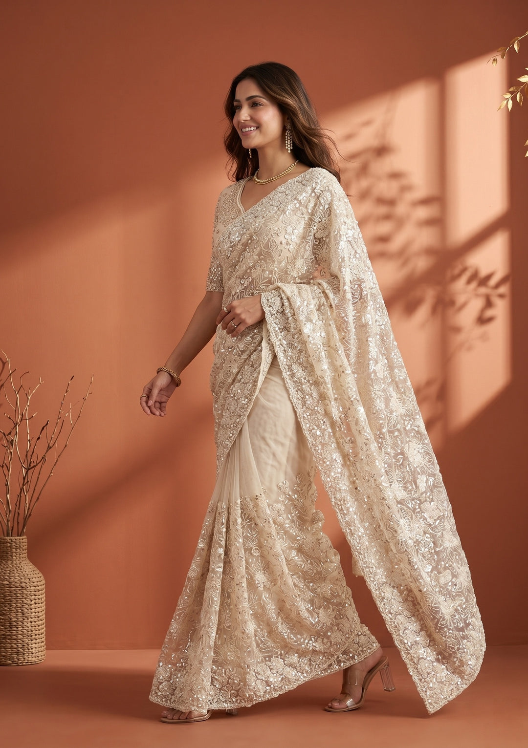 Cream Net Threadwork Saree With Matching Blouse Piece