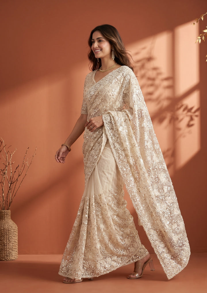 Cream Net Threadwork Saree With Matching Blouse Piece