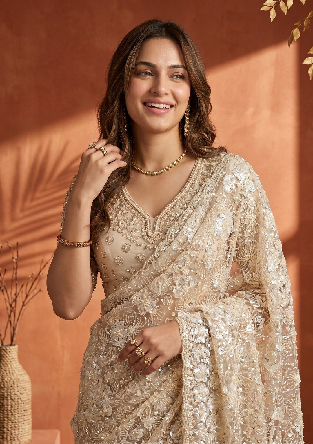 Cream Net Threadwork Saree With Matching Blouse Piece