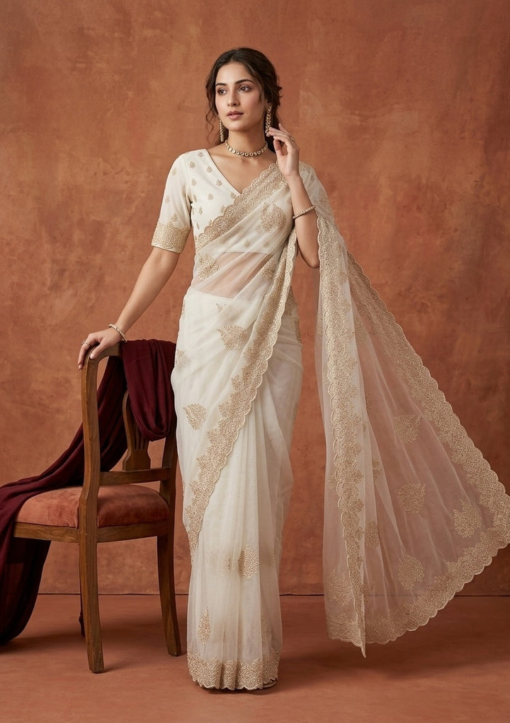 Off White Tissue Gold Stonework Saree With Matching Blouse Piece