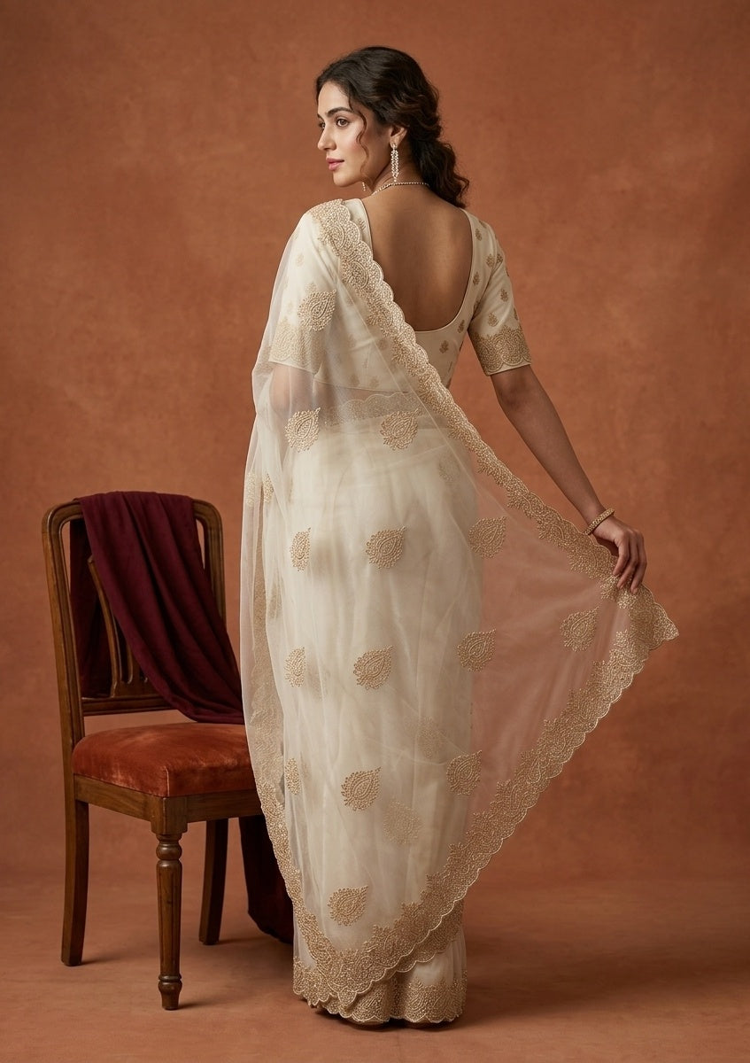 Off White Tissue Gold Stonework Saree With Matching Blouse Piece