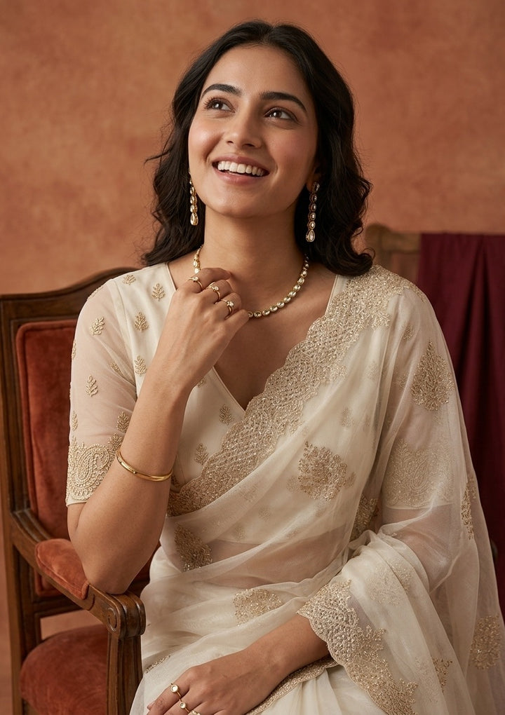 Off White Tissue Gold Stonework Saree With Matching Blouse Piece