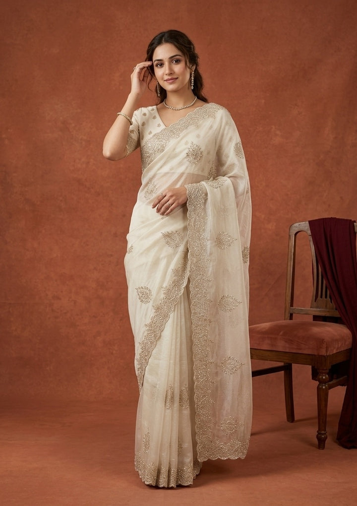 Off White Tissue Gold Stonework Saree With Matching Blouse Piece