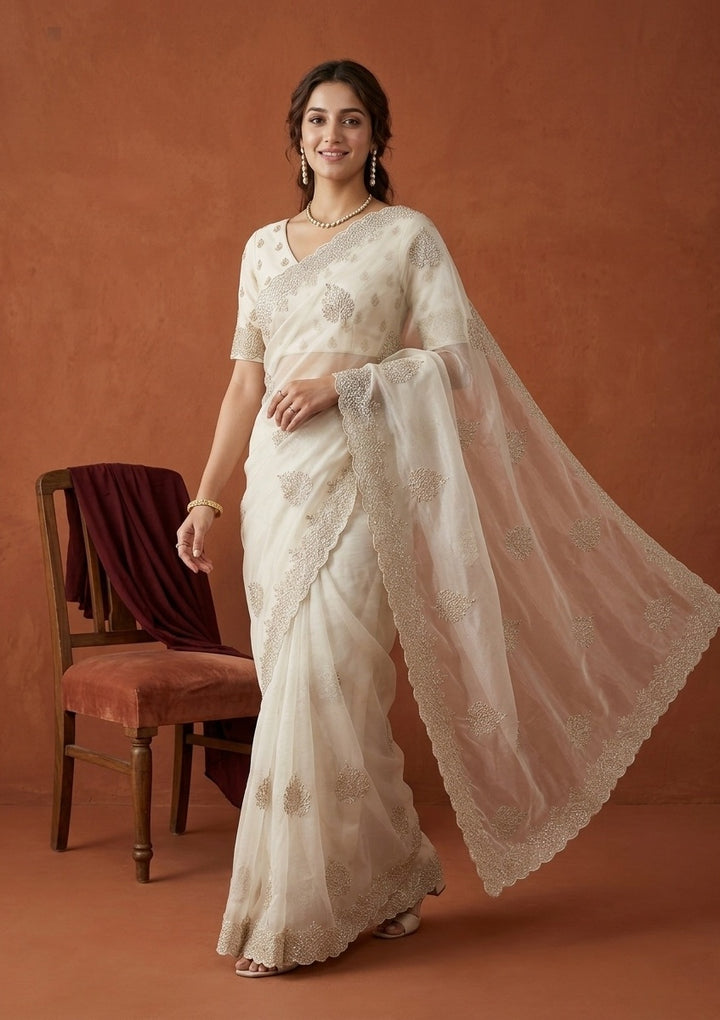 Off White Tissue Gold Stonework Saree With Matching Blouse Piece