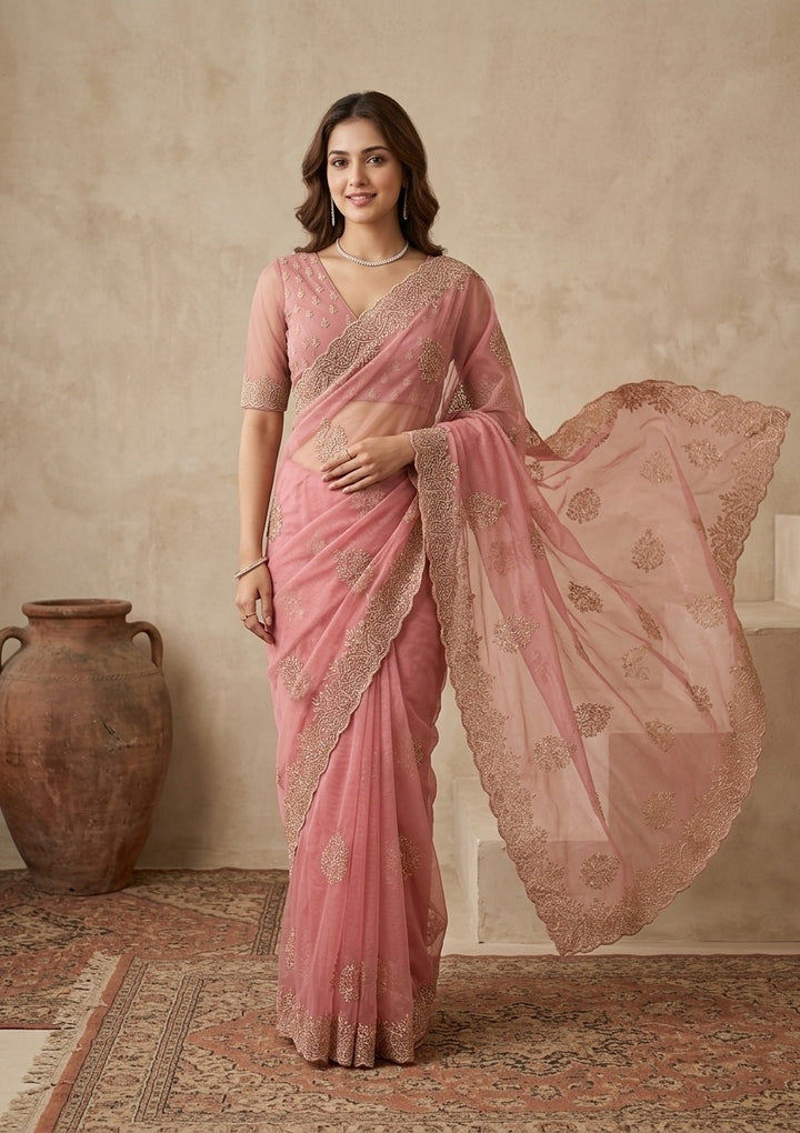 Onion Pink Tissue Gold Stonework Saree With Matching Blouse Piece