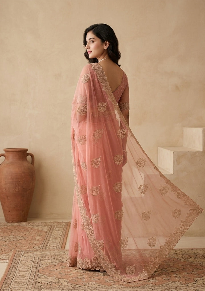 Onion Pink Tissue Gold Stonework Saree With Matching Blouse Piece