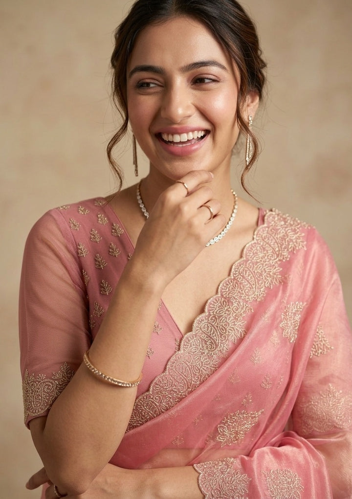 Onion Pink Tissue Gold Stonework Saree With Matching Blouse Piece
