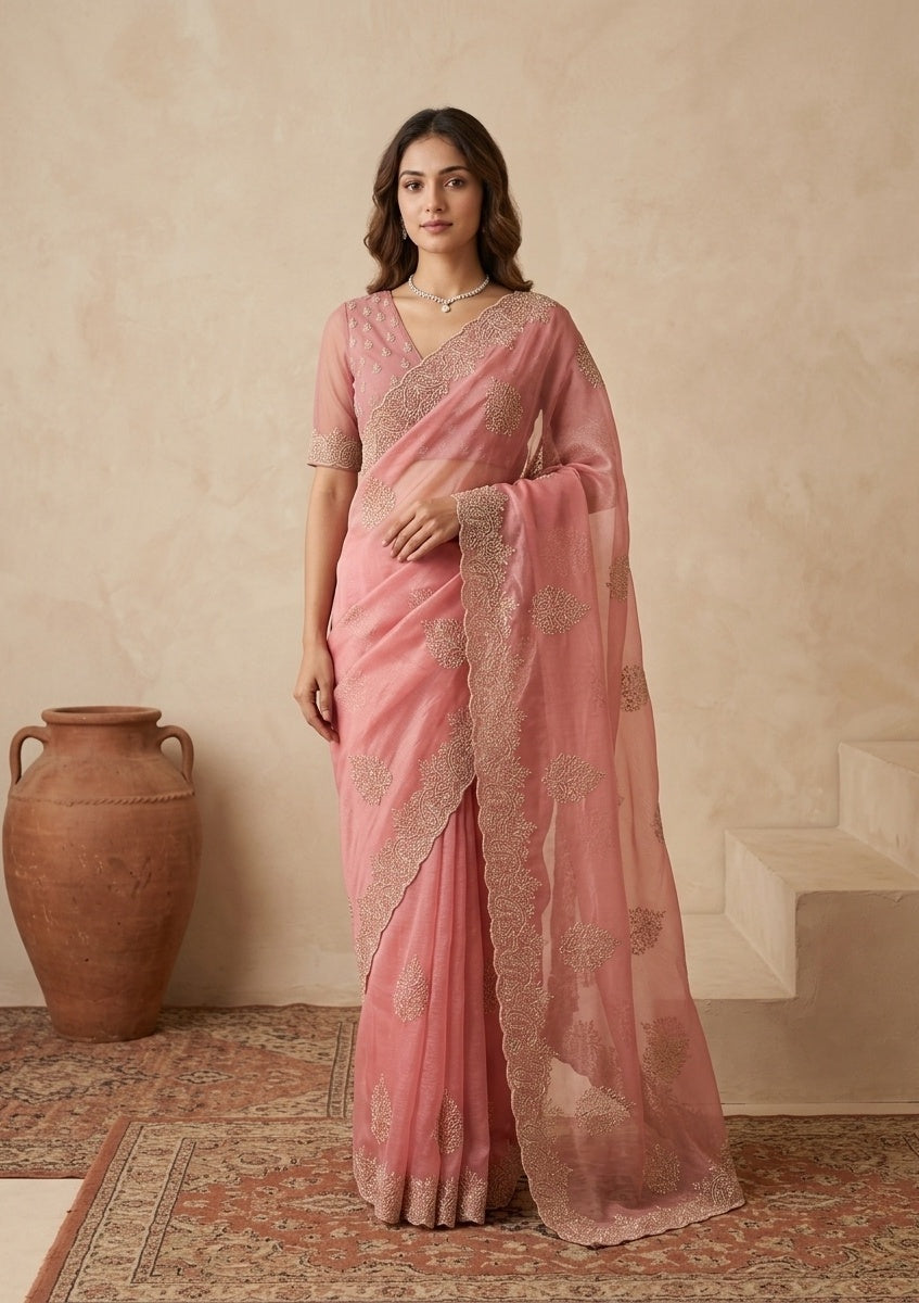 Onion Pink Tissue Gold Stonework Saree With Matching Blouse Piece
