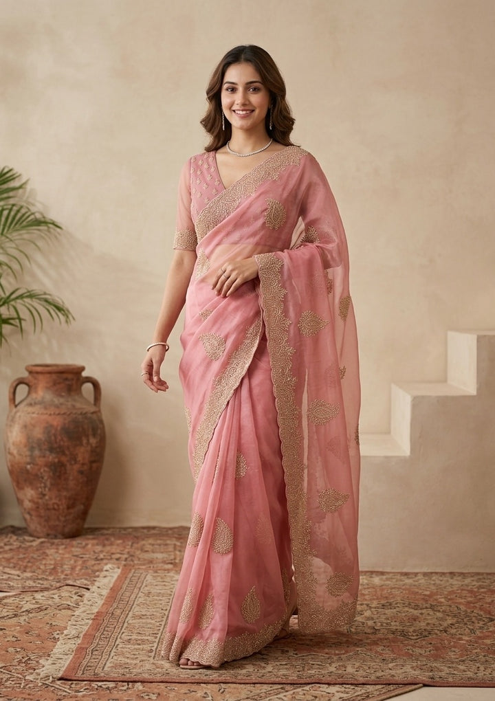 Onion Pink Tissue Gold Stonework Saree With Matching Blouse Piece
