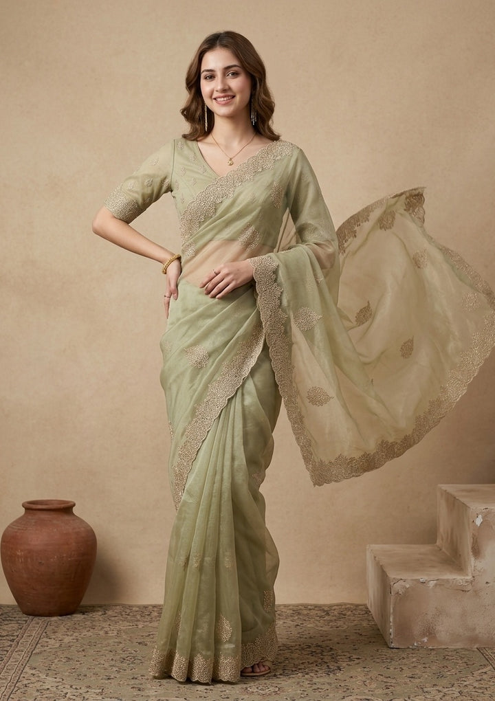Pista Green Tissue Gold Stonework Saree With Matching Blouse Piece