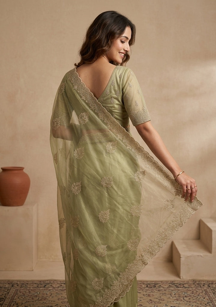 Pista Green Tissue Gold Stonework Saree With Matching Blouse Piece