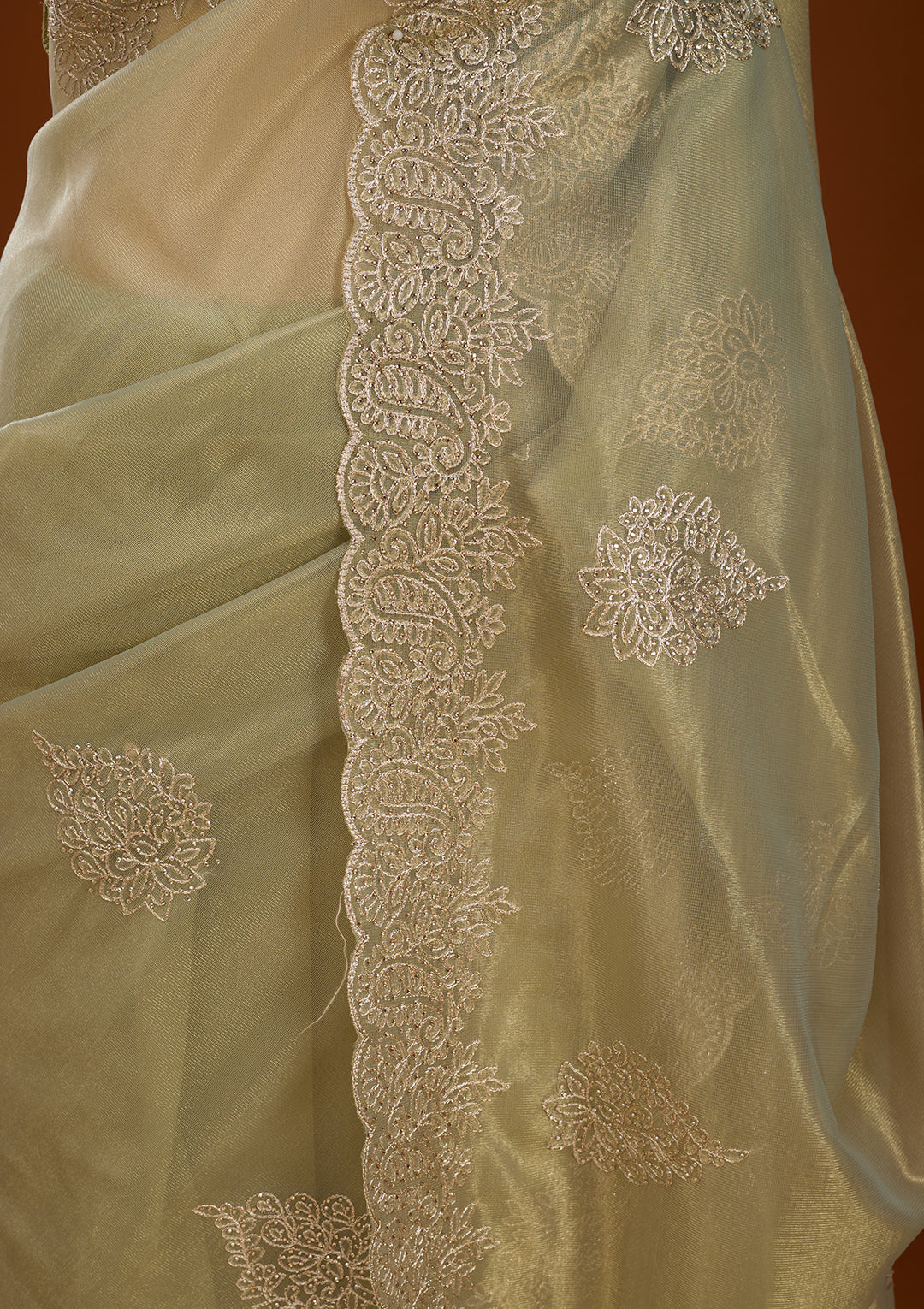 Pista Green Tissue Gold Stonework Saree With Matching Blouse Piece