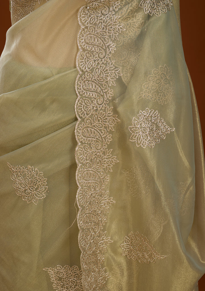 Pista Green Tissue Gold Stonework Saree With Matching Blouse Piece