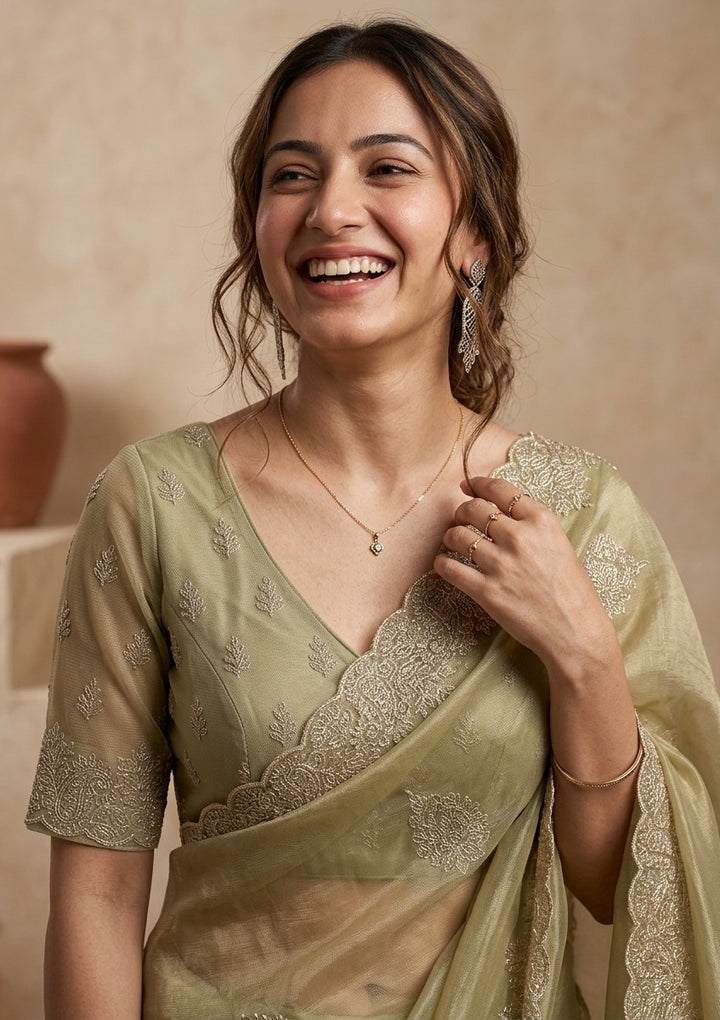 Pista Green Tissue Gold Stonework Saree With Matching Blouse Piece