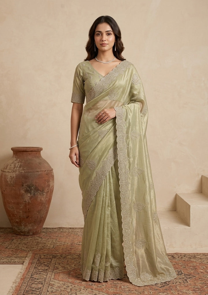Pista Green Tissue Gold Stonework Saree With Matching Blouse Piece