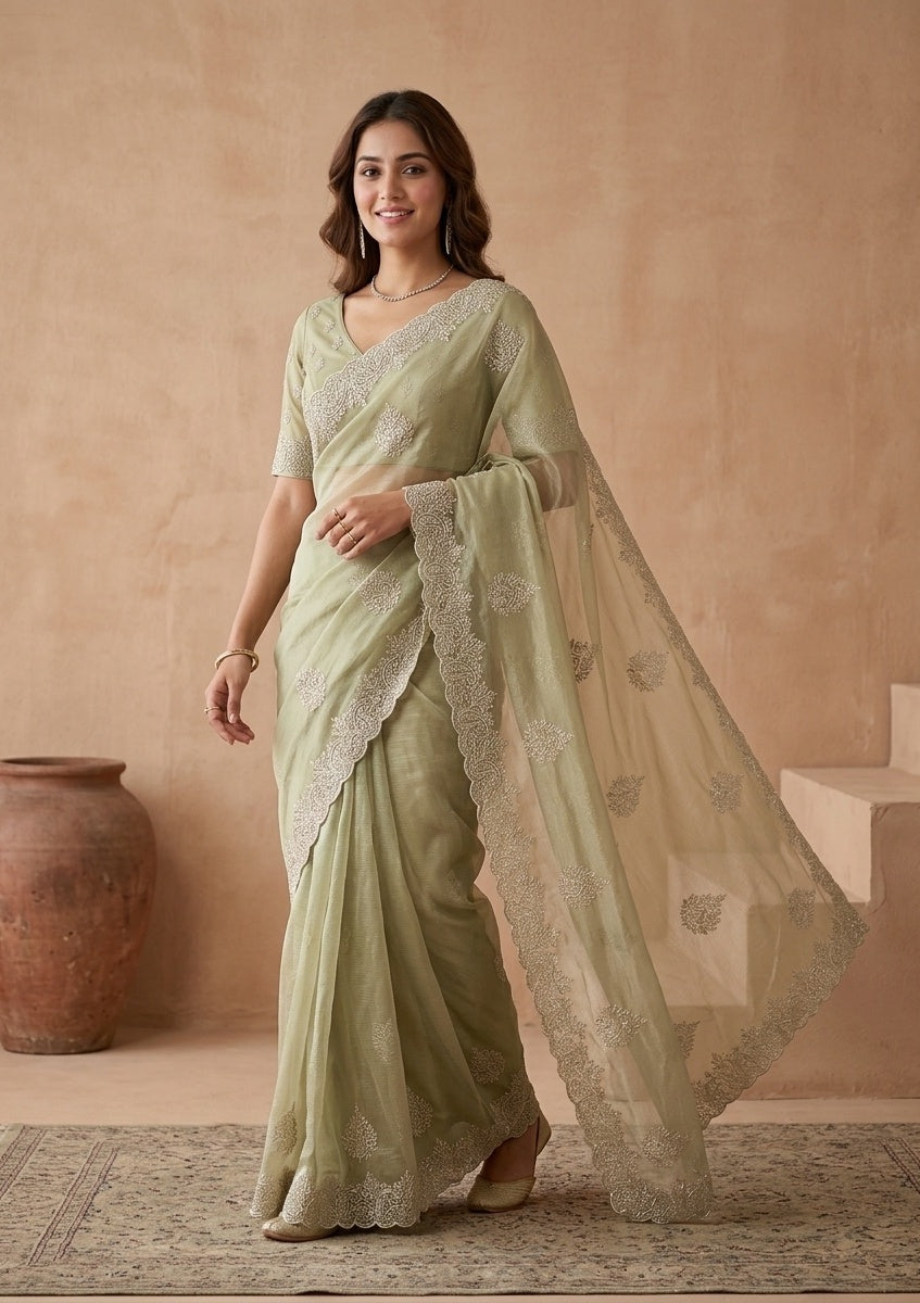 Pista Green Tissue Gold Stonework Saree With Matching Blouse Piece