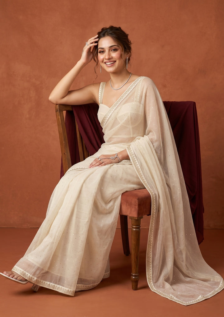 Off White Tissue Gold Stonework Saree With Matching Blouse Piece