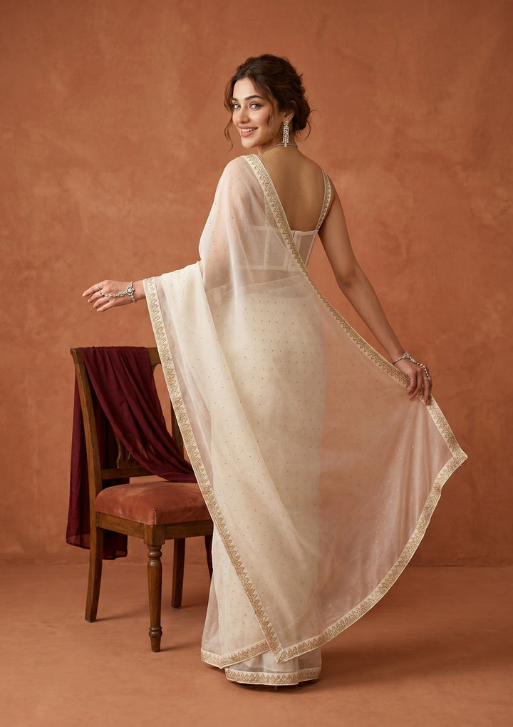 Off White Tissue Gold Stonework Saree With Matching Blouse Piece