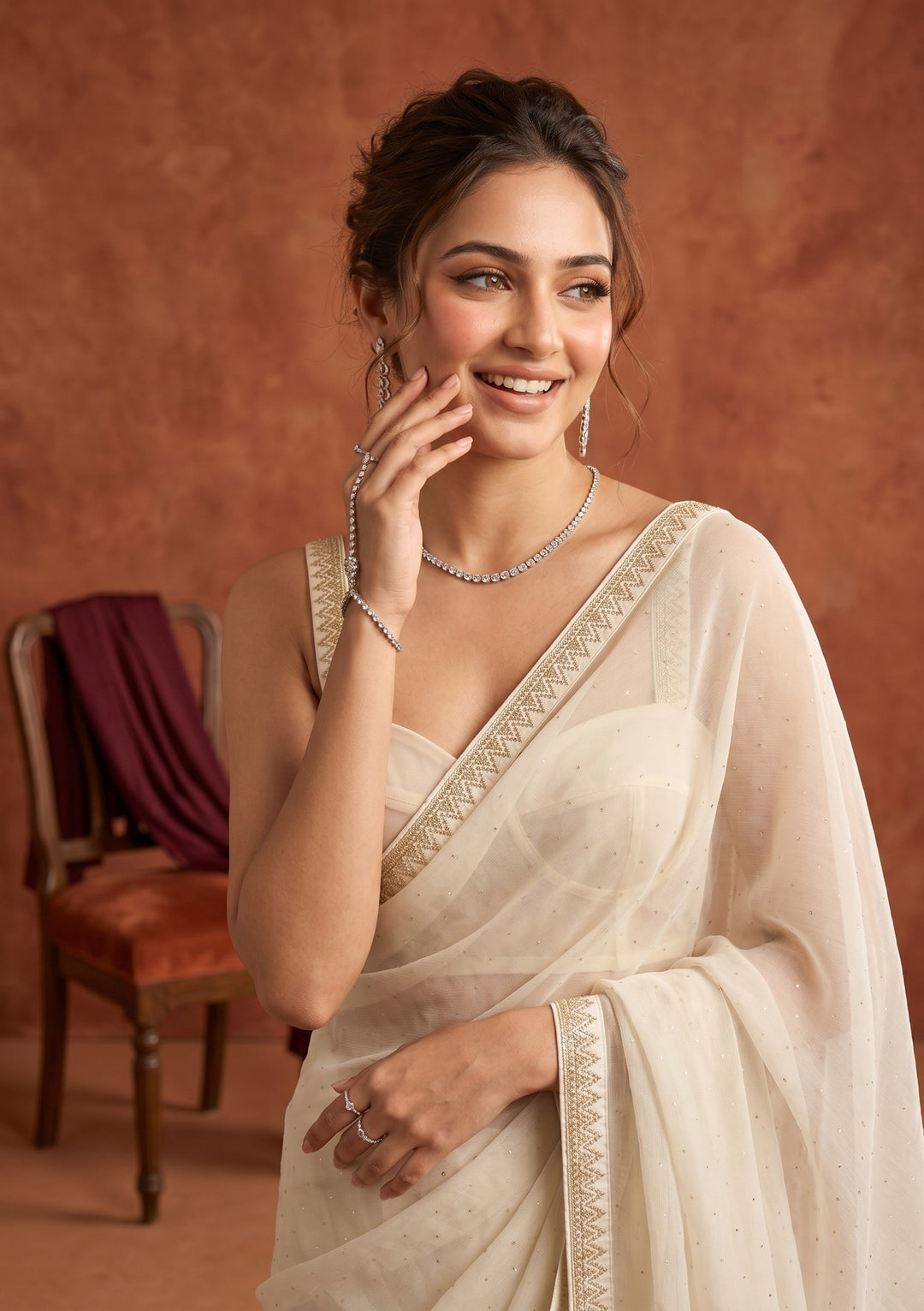 Off White Tissue Gold Stonework Saree With Matching Blouse Piece