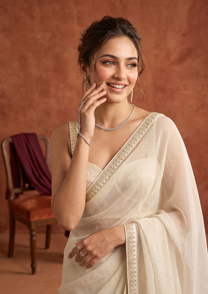 Off White Tissue Gold Stonework Saree With Matching Blouse Piece