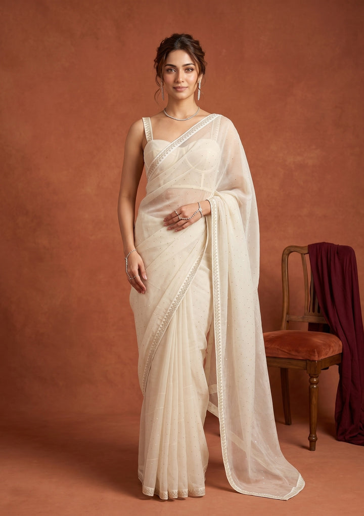 Off White Tissue Gold Stonework Saree With Matching Blouse Piece