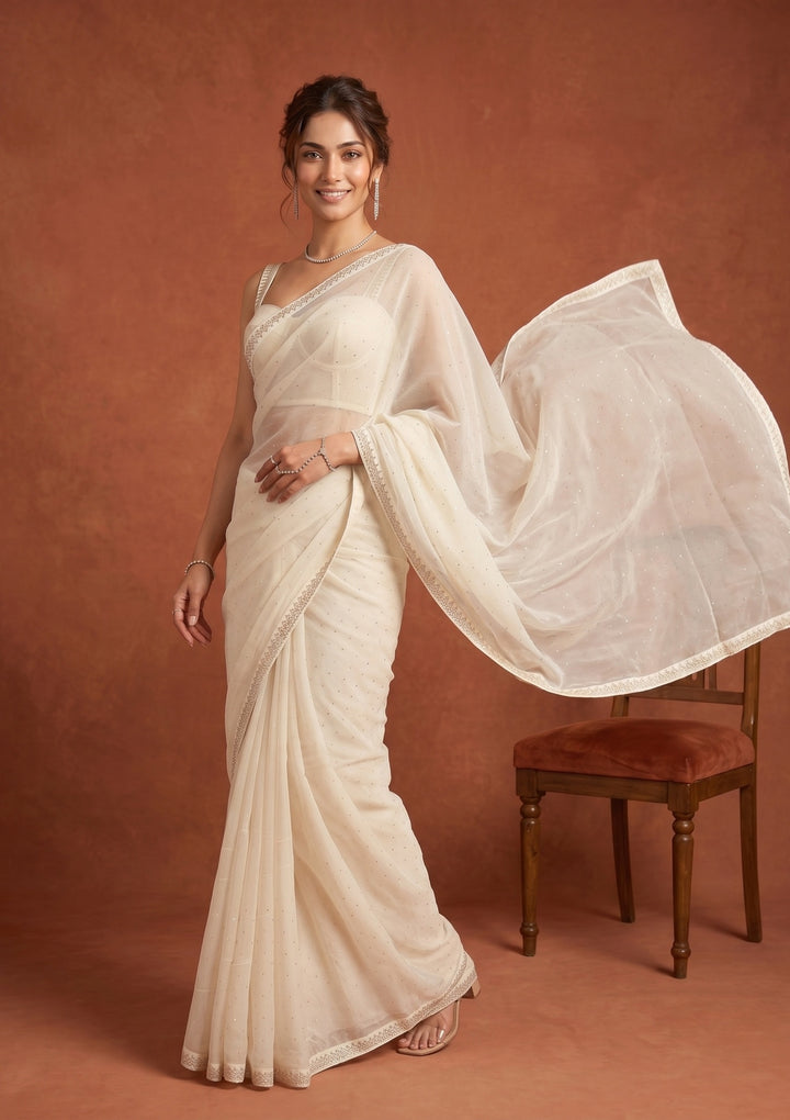Off White Tissue Gold Stonework Saree With Matching Blouse Piece
