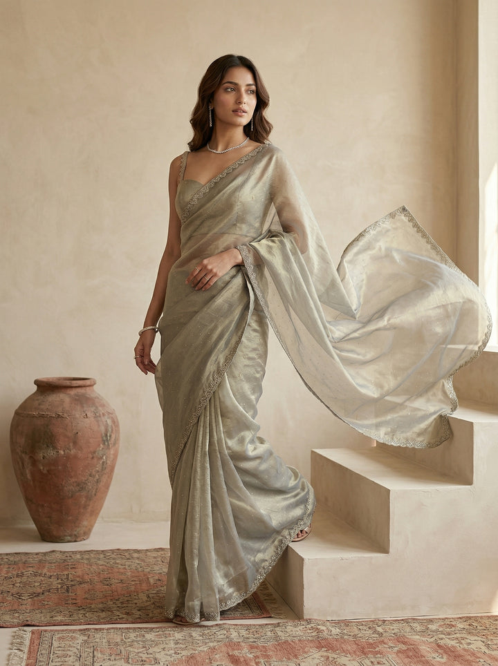 Pista Green Tissue Gold Stonework Saree With Matching Blouse Piece