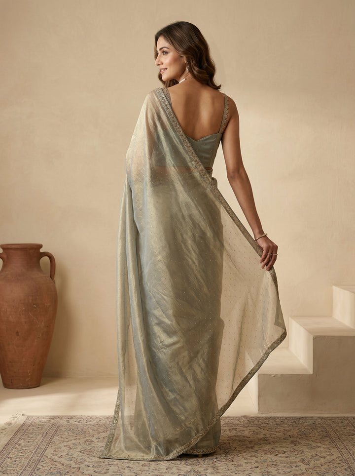 Pista Green Tissue Gold Stonework Saree With Matching Blouse Piece