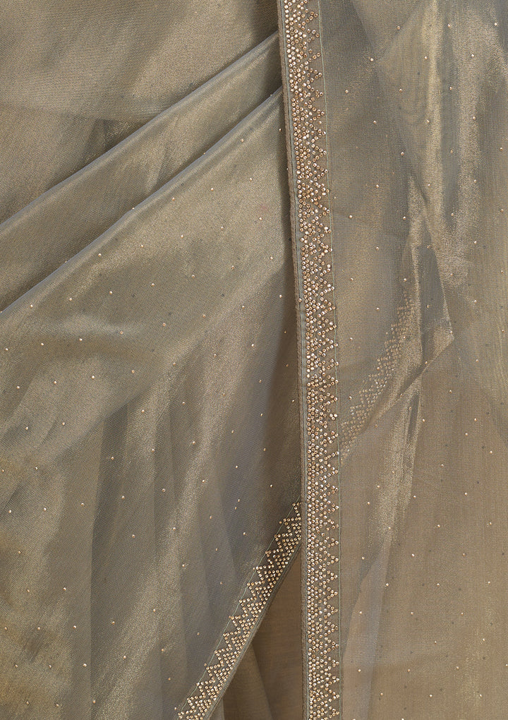 Pista Green Tissue Gold Stonework Saree With Matching Blouse Piece