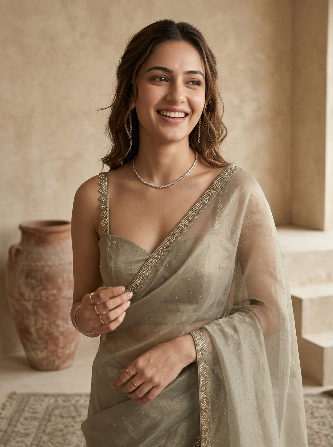 Pista Green Tissue Gold Stonework Saree With Matching Blouse Piece