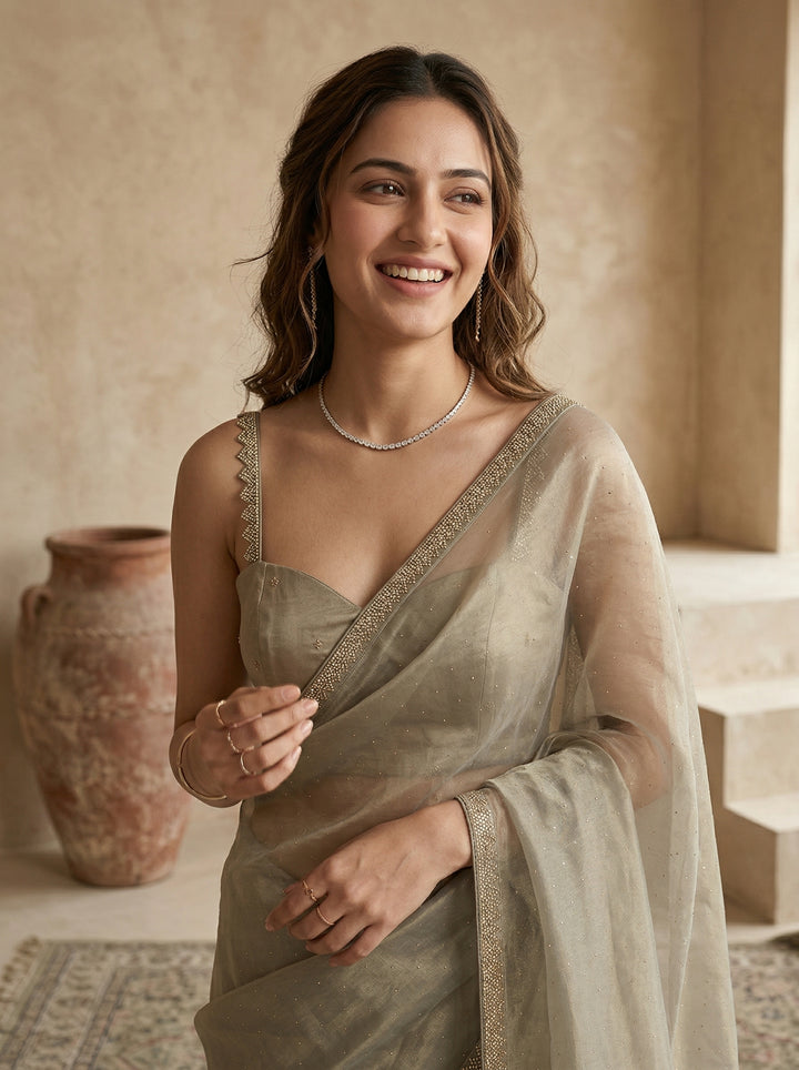 Pista Green Tissue Gold Stonework Saree With Matching Blouse Piece