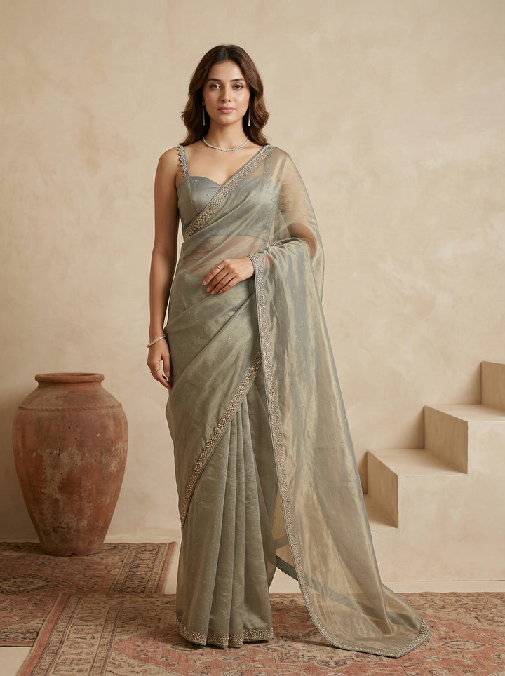 Pista Green Tissue Gold Stonework Saree With Matching Blouse Piece