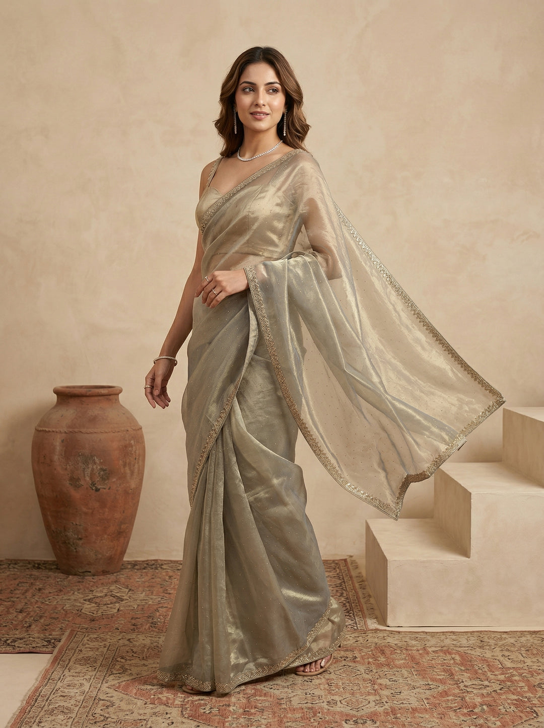 Pista Green Tissue Gold Stonework Saree With Matching Blouse Piece