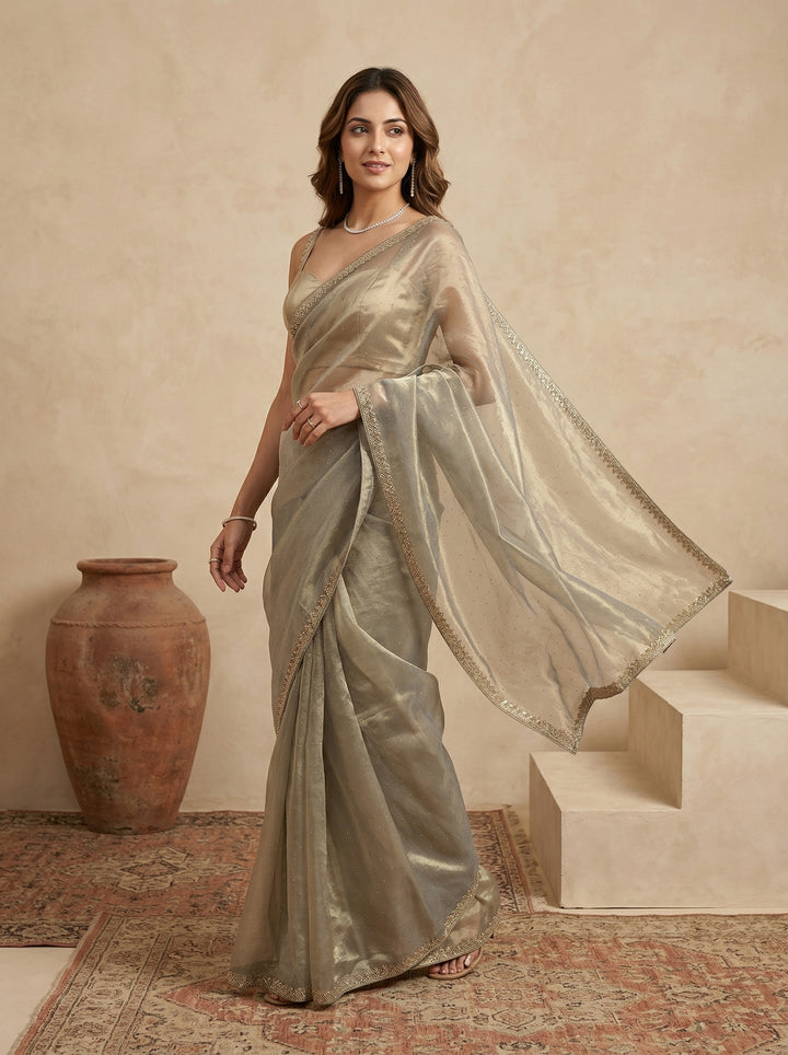 Pista Green Tissue Gold Stonework Saree With Matching Blouse Piece