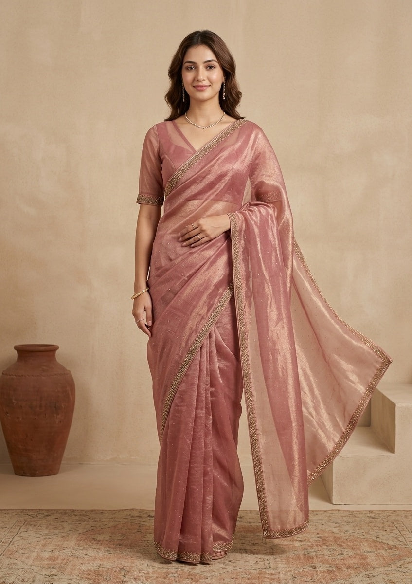 Rust Tissue Gold Stonework Saree With Matching Blouse Piece