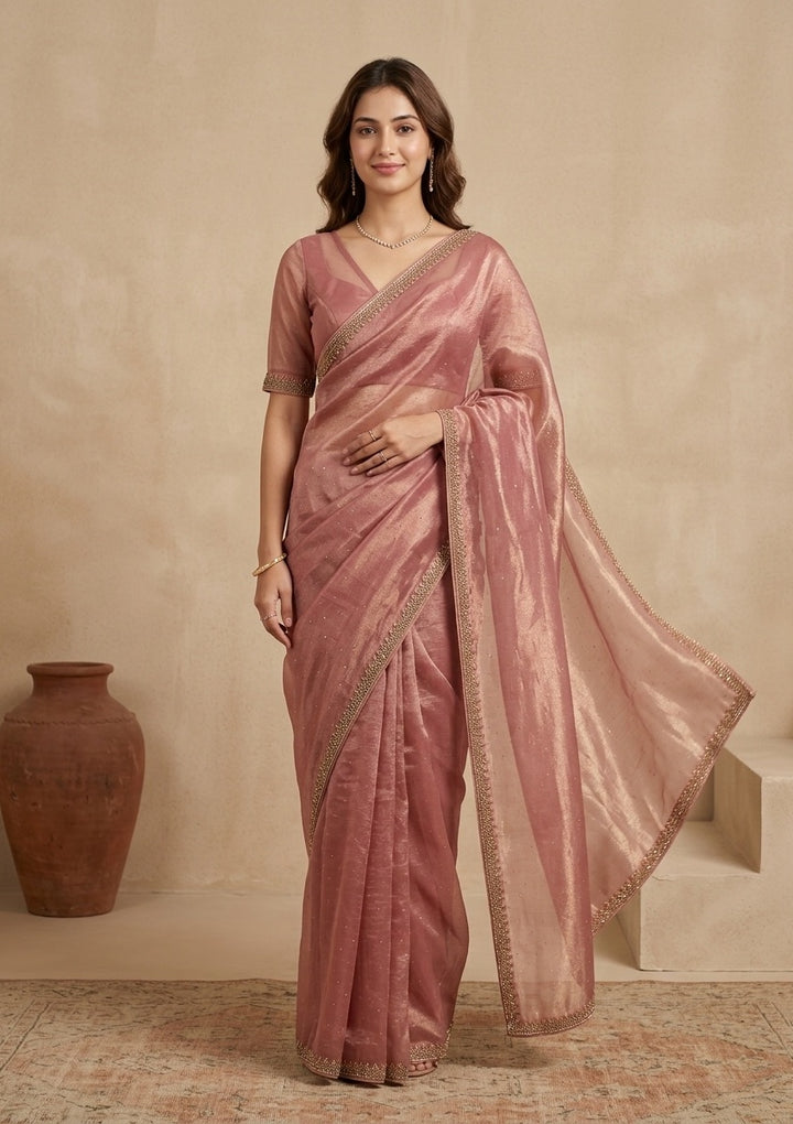 Rust Tissue Gold Stonework Saree With Matching Blouse Piece