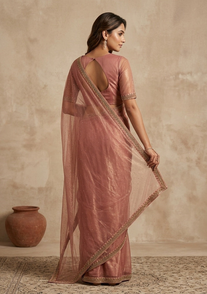 Rust Tissue Gold Stonework Saree With Matching Blouse Piece