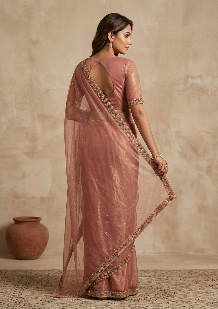 Rust Tissue Gold Stonework Saree With Matching Blouse Piece