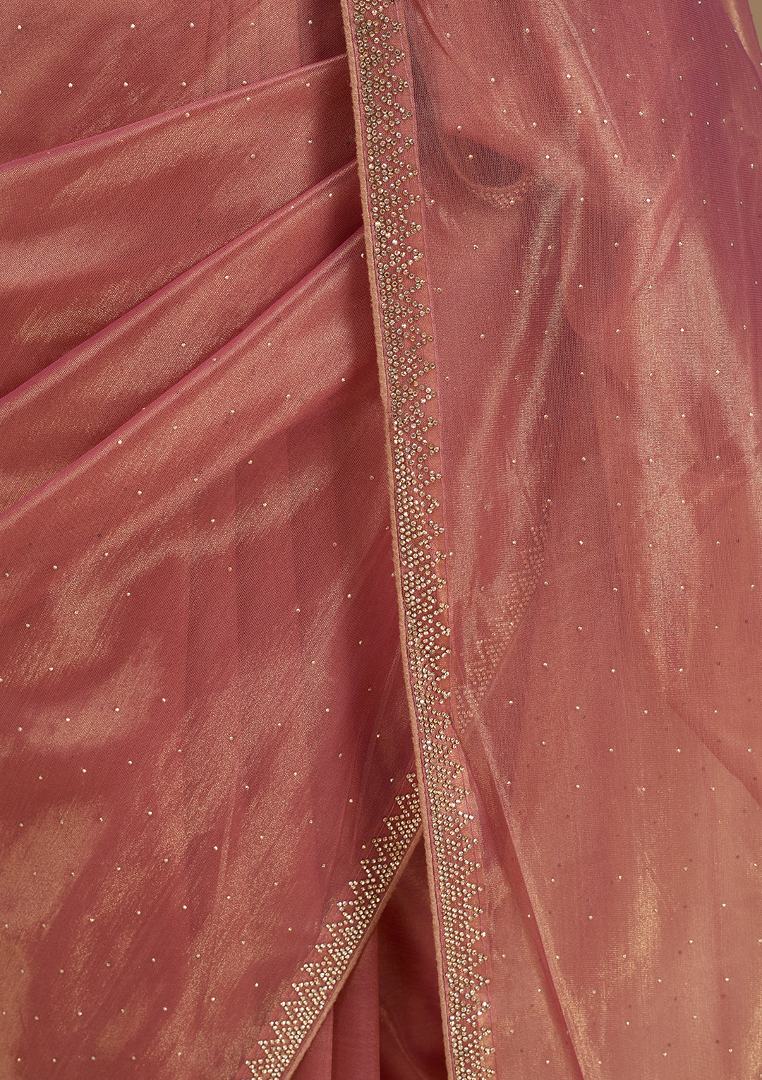 Rust Tissue Gold Stonework Saree With Matching Blouse Piece
