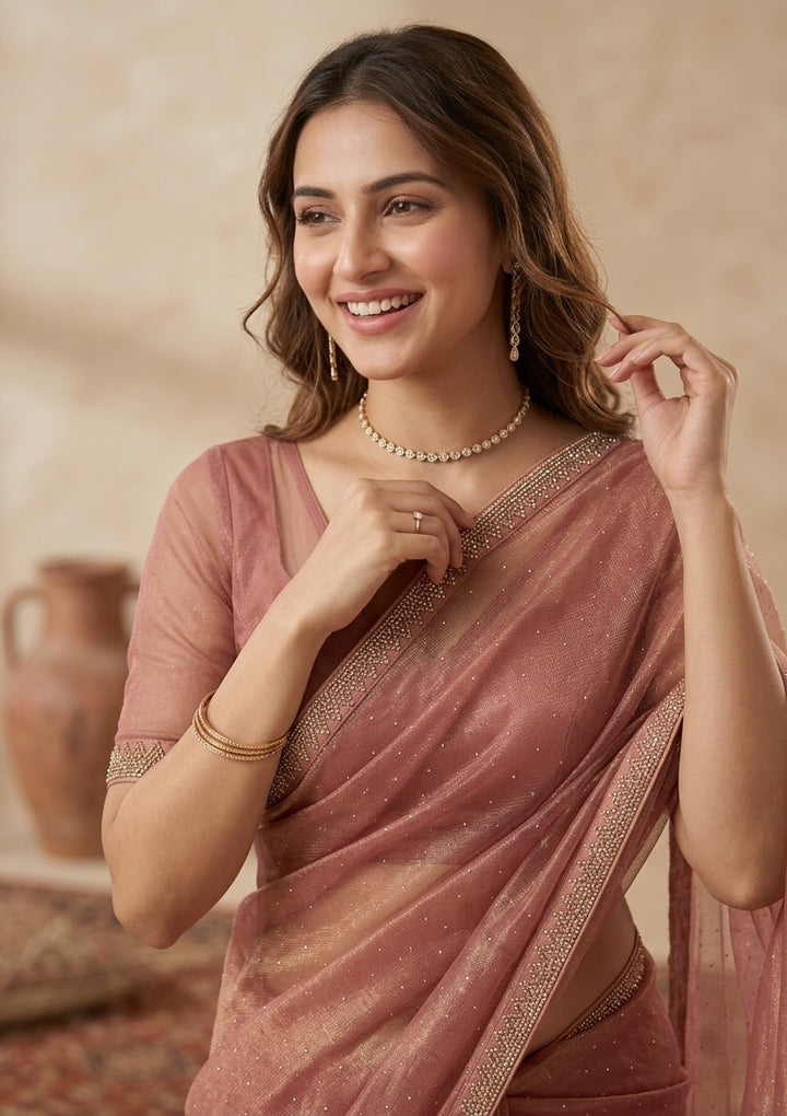 Rust Tissue Gold Stonework Saree With Matching Blouse Piece