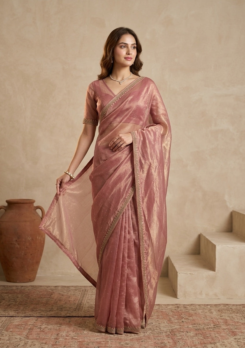 Rust Tissue Gold Stonework Saree With Matching Blouse Piece