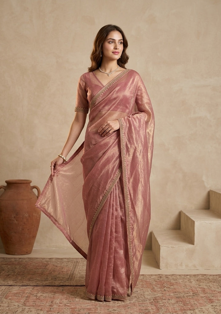 Rust Tissue Gold Stonework Saree With Matching Blouse Piece
