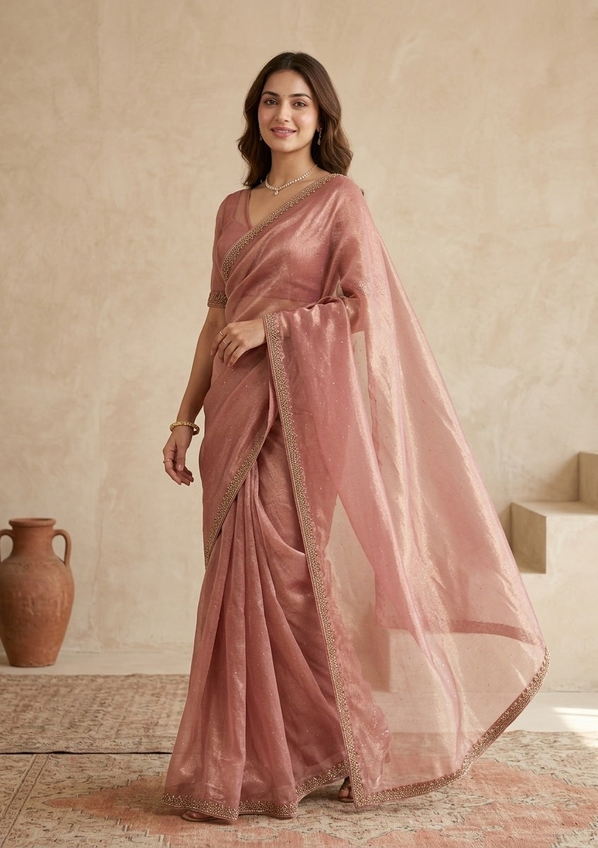 Rust Tissue Gold Stonework Saree With Matching Blouse Piece
