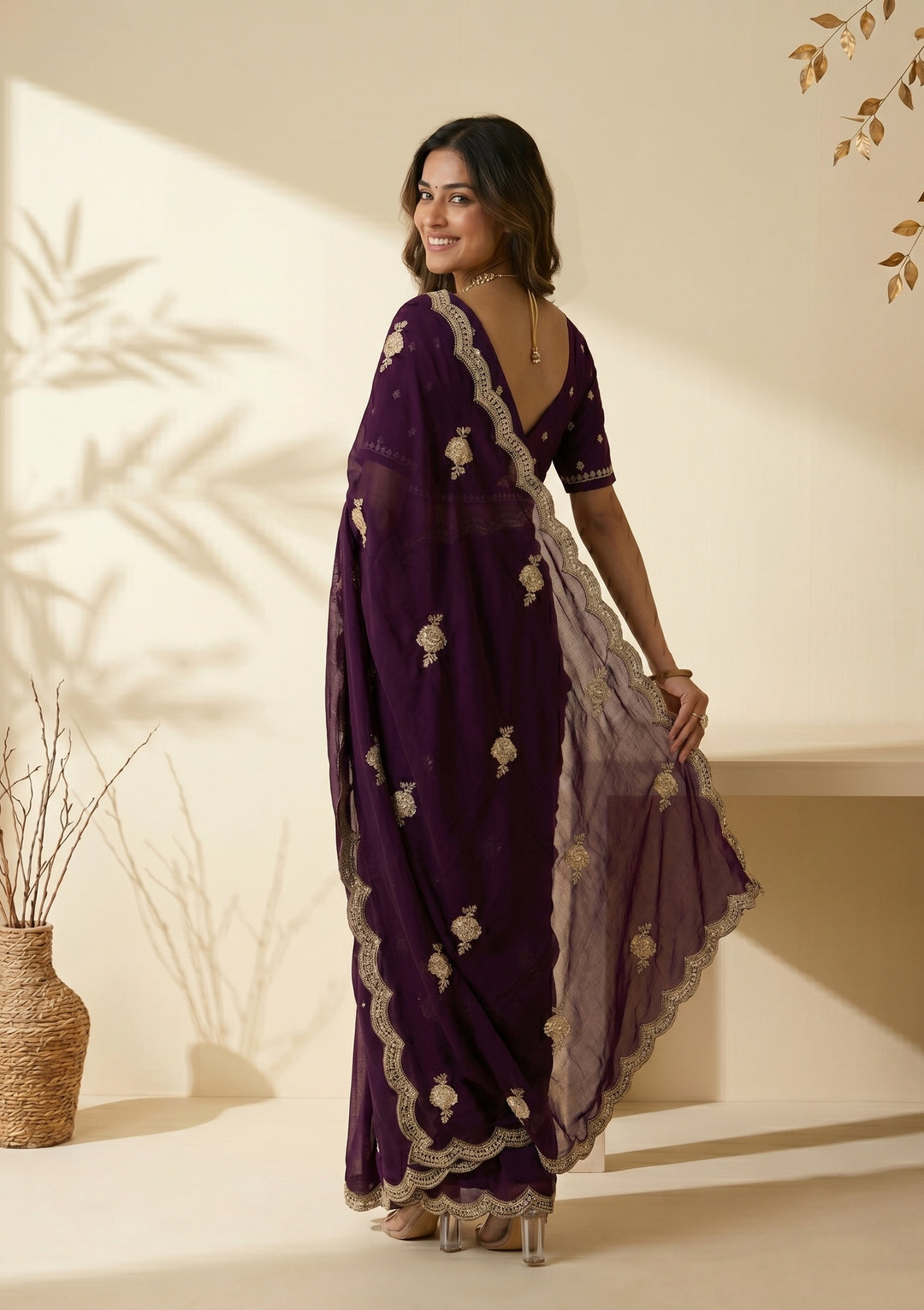 Purple Soft Raw Silk Gold Zariwork Saree With Matching Blouse Piece