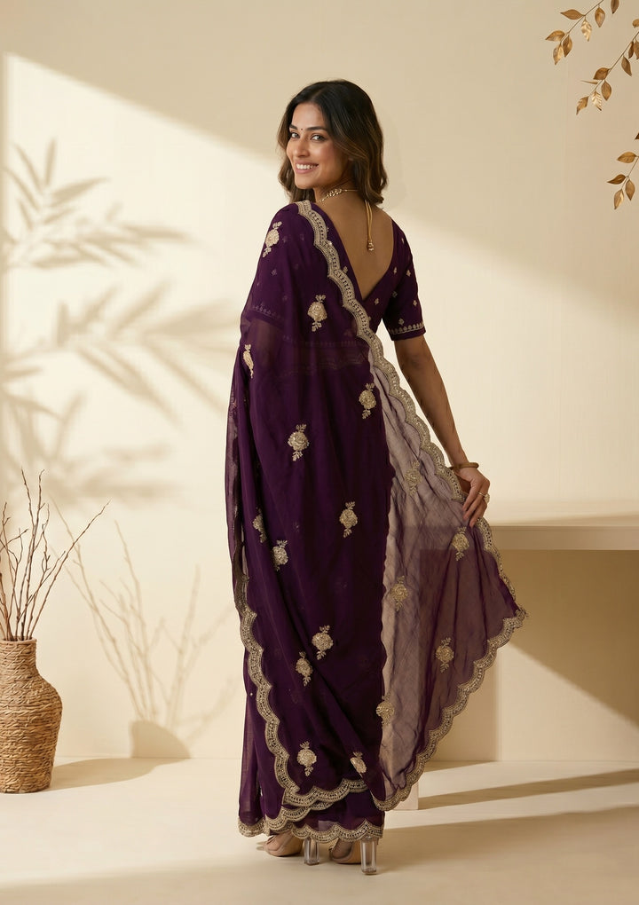 Purple Soft Raw Silk Gold Zariwork Saree With Matching Blouse Piece