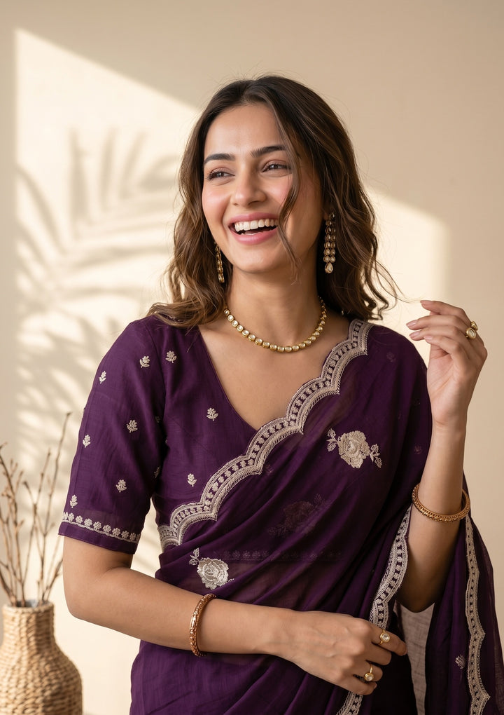 Purple Soft Raw Silk Gold Zariwork Saree With Matching Blouse Piece